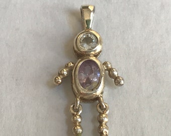 Vintage Person Child pink stone Articulating Sterling Silver Charm or Pendant