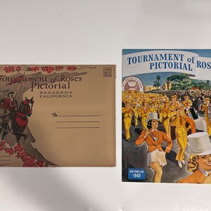 May include: Two vintage Tournament of Roses Pictorial pamphlets. The first is a postcard with a knight on horseback and a rose border. The second is a colorful illustration of a marching band and a woman in a red and white uniform. The text on the second pamphlet reads "Tournament of Roses Pictorial New Year's Day 1940."
