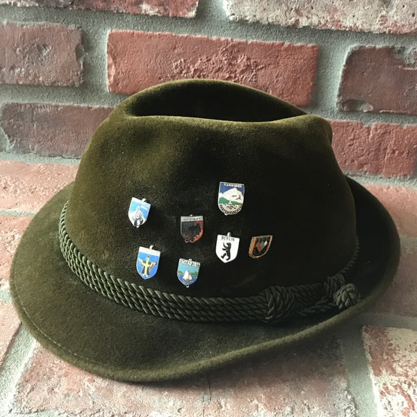 Vintage Lederhosen German Green Velour Hat and Pins Oktoberfest