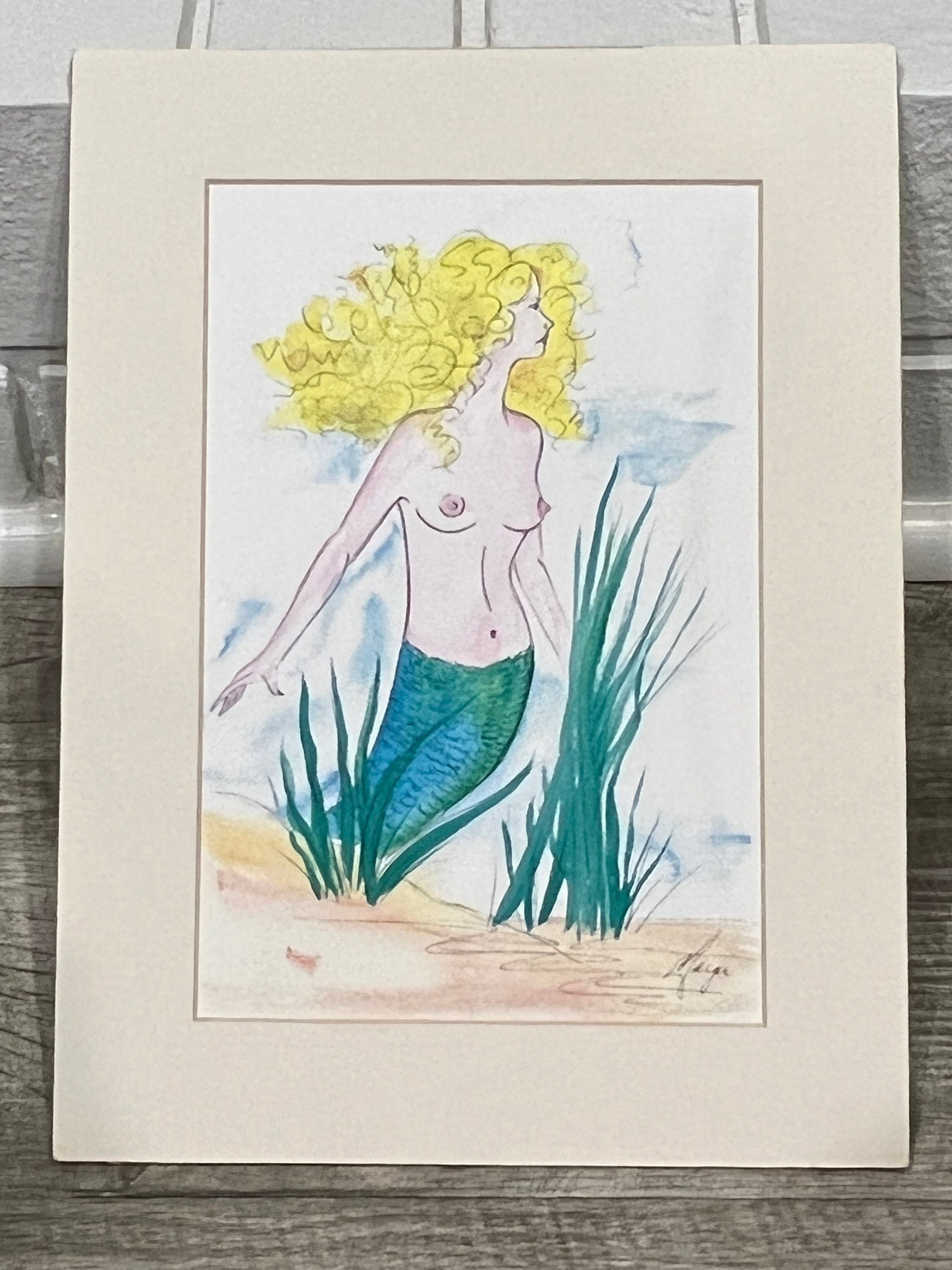 Vintage Original Art by Margie Ann Moskowitz Mermaid Nude Under the Sea Ocean artist signed