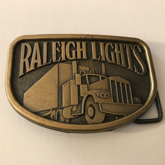 Vintage Raleigh Lights Semi Truck 18 Wheeler Brass Belt Buckle