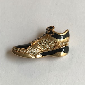 Vintage Swarovski Crystal Gold tone and black Sneaker Tennis Shoe Pin Brooch