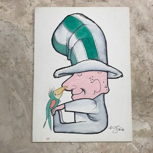 May include: A watercolor illustration of a person wearing a green and white striped hat with a bird perched on their hand. The person is wearing a gray outfit and has a pink face.