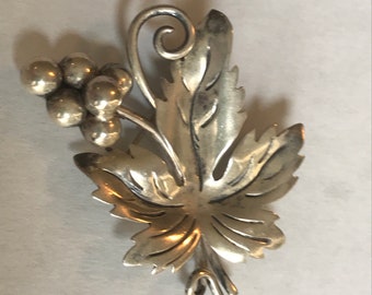 Vintage Holly Berry Leaves Fall Taxco Artist Signed Sterling Silver brooch pin