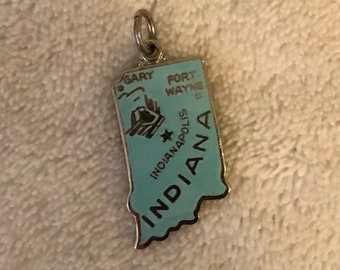 Vintage Indiana Sterling Silver State shaped Blue enamel Charm or Pendant