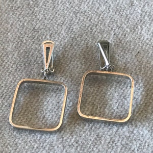 Vintage Square Geometric Modernist Sterling Silver Dangle Drop Clip on Earrings