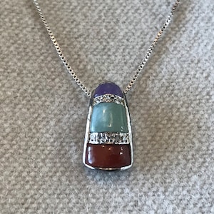 Tri-stone stacked multi colored Sterling Silver Pendant & 925 silver box chain necklace