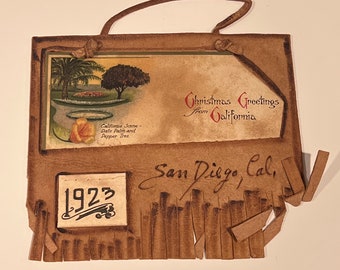 Antique California 1923 Leather Calendar Christmas San Diego Scarce