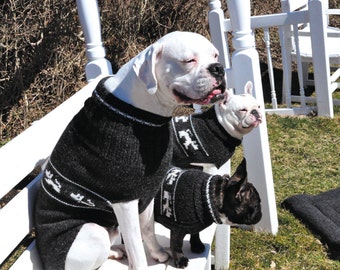 Dog Sweater - "Anka" a classic dog turtleneck sweater in Charcoal / natural Alpaca features adorable "doggy" patterns.