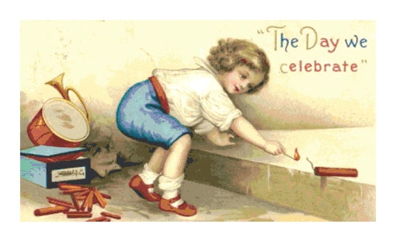 Retro 4th of July Child w Fireworks DIGITAL Counted Cross Stitch Needlepoint