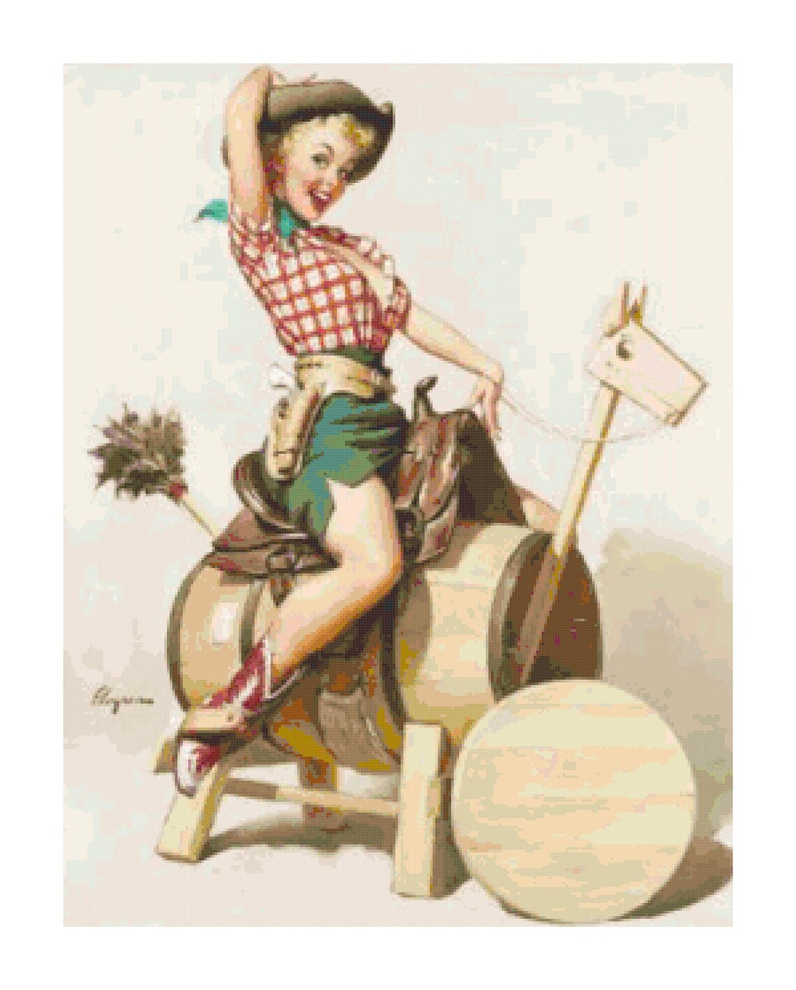 Vintage Retro Cowgirl Pin Up Girl Riding Barrel Pdf Counted Etsy 