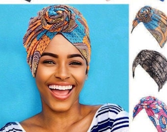 PRE-TIED TURBAN |Headwrap|beanie| chemo gift| Wax print Head wrap | Ankara headscarf | chemo hat |alopecia cap