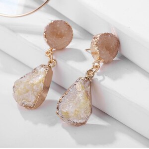 QUARTZ EARRINGS Druzy Resin Dangle |Jewelry  For Women| Bohemian |Vintage| Green |Pink| Yellow| Round Drop Earring| Jewelry |Gift