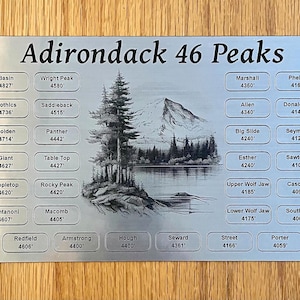 May include: A silver metal sign with the text "Adirondack 46 Peaks" and a landscape illustration. The sign lists 46 mountain peaks with their elevations in feet, including Marcy, Algonquin, and Haystack.