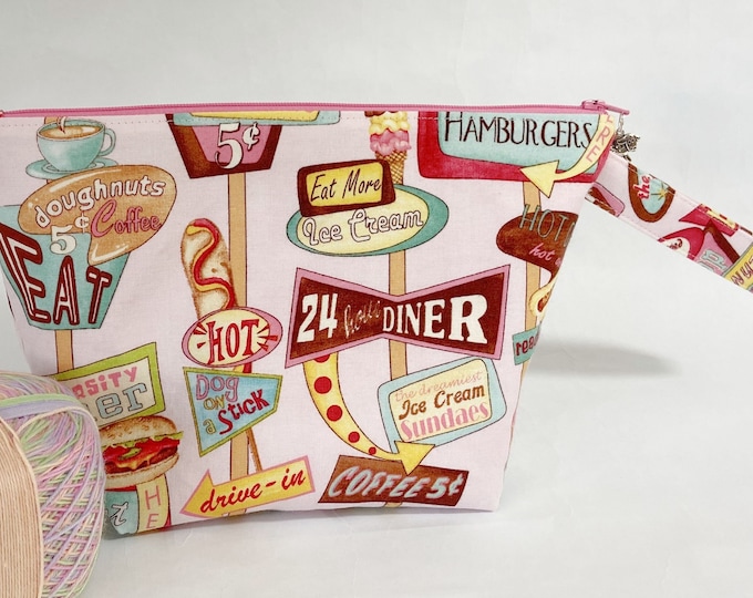 Diner Print Project Bag: Zipped Knitting, Crochet & Craft Storage