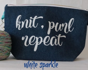 Denim Knitting Project Bag: Yarn Storage, Zippered Pouch