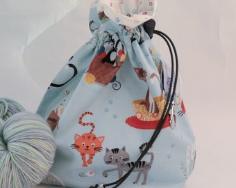 Cat project bag | Cute knitting bag | Craft bag | Small project bag | Drawstring bag | Yarn storage bag | Crochet bag