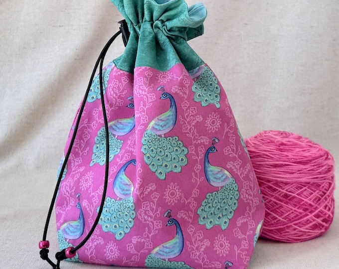 Peacock Project Bag: Cotton Knitting, Crochet, & Yarn Storage