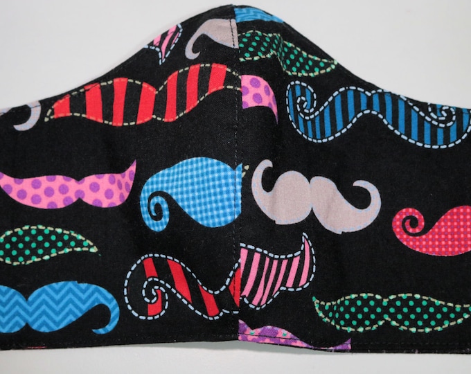 Moustache Print Face Mask: Washable, Reusable, Adjustable, 100% Cotton