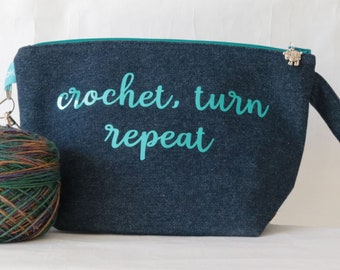 NEW denim crochet bag | yarn storage | phrase project bag  | project pouch | zipped crochet bag