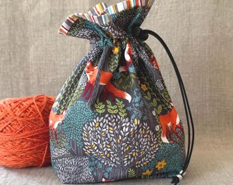 Foxes drawstring bag: small project bag for knitting, crochet, sewing, craft, cosmetics, storage