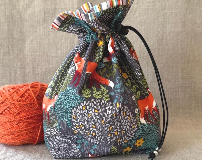 Foxes drawstring bag: small project bag for knitting, crochet, sewing, craft, cosmetics, storage