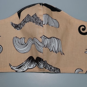 Adult face mask washable reusable 100% cotton adjustable super soft elastic filter pocket moustaches black lining