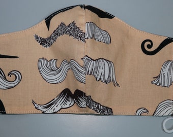 Moustache Print Face Mask: Adjustable, Reusable Cotton with Filter Pocket