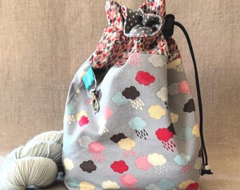 Clouds drawstring bag: small project bag for knitting, crochet, sewing, craft, cosmetics, storage