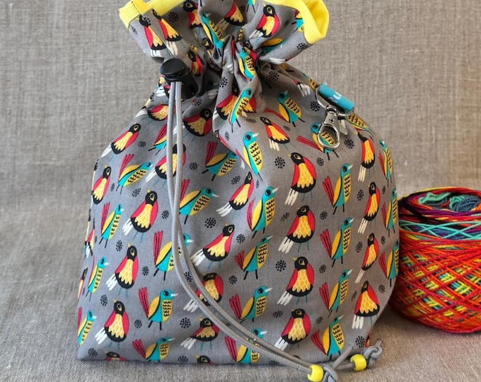 Drawstring bag birds : small project bag for knitting, crochet, sewing, craft, cosmetics, storage
