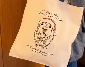 Embroidered Golden Retriever Christmas Tote Bag: Happy Dog Design