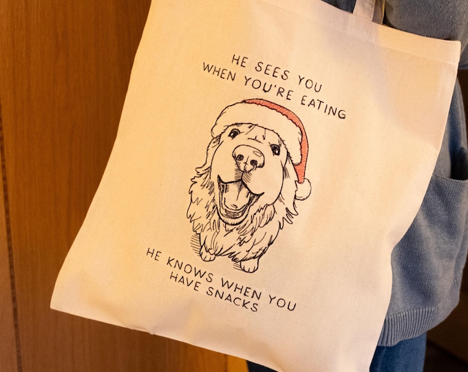 Embroidered Golden Retriever Christmas Tote Bag: Happy Dog Design