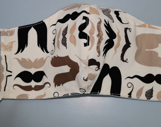 Mustache Print Adult Face Mask: Reusable 100% Cotton, Filter Pocket