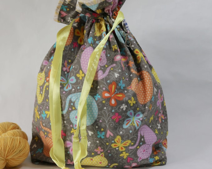 Cats Print Knitting Project Bag: Large Cotton Yarn Storage