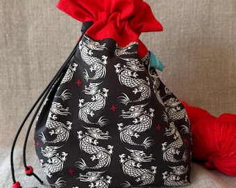 Dragons drawstring bag: small project bag for knitting, crochet, sewing, craft, cosmetics, storage