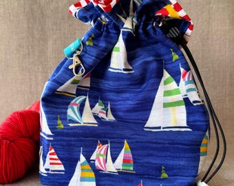 Sailing boats drawstring bag: small project bag for knitting, crochet, sewing, craft, cosmetics, storage