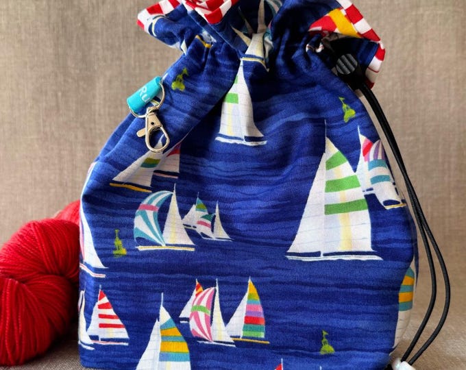 Sailing boats drawstring bag: small project bag for knitting, crochet, sewing, craft, cosmetics, storage