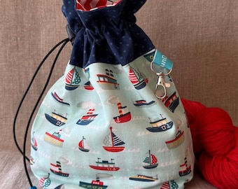 Boats drawstring bag: small project bag for knitting, crochet, sewing, craft, cosmetics, storage