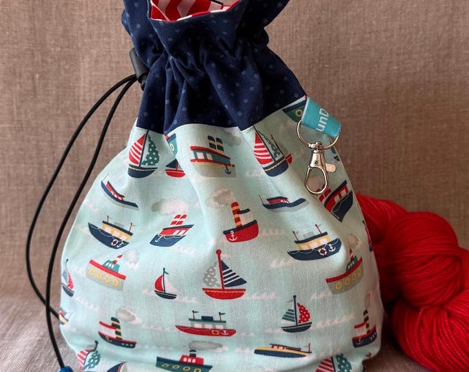 Boats drawstring bag: small project bag for knitting, crochet, sewing, craft, cosmetics, storage