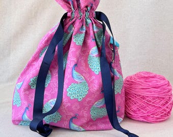 Peacock Project Bag: Cotton Knitting, Crochet, or Craft Bag