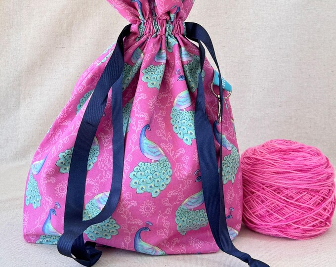 Peacock Project Bag: Cotton Knitting, Crochet, or Craft Bag