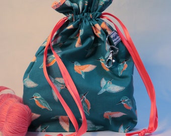 Kingfishers project bag | medium knitting bag | craft bag | drawstring bag | shawl project bag | crochet bag | yarn storage bag