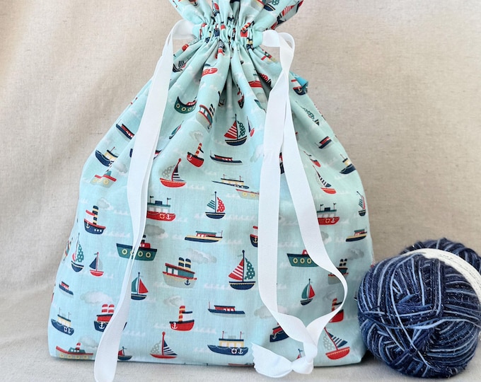 Boats Project Bag: Large Cotton Knitting, Crochet, or Craft Bag