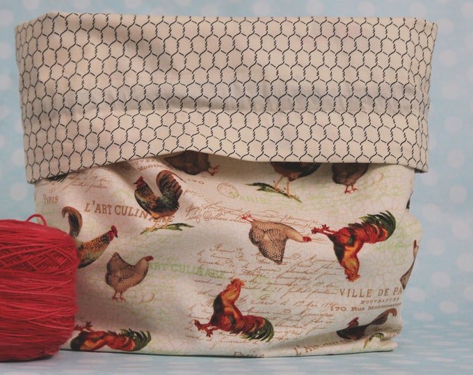 Chicken Print Knitting Project Bag: Large Cotton Yarn Storage