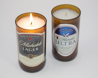 Beer Bottle Candle from Recycled Michelob Lager or Michelob Ultra Beer Bottle, Highly Scented Candle, Bar Decor Candle, Gift for Him