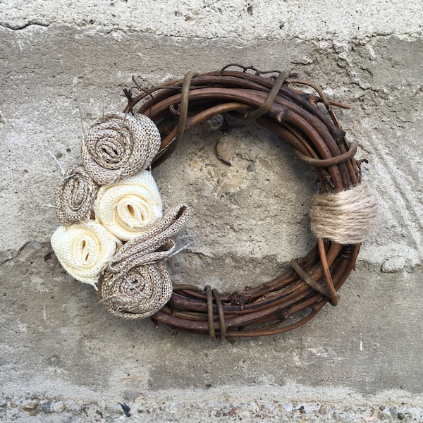 6" Small Burlap & Ivory Wreath, Rustic Wreath, Small Gift, Gift for Her, Mother's Day, Small Wreath, Burlap Wreath