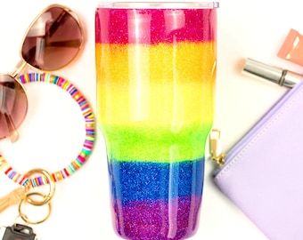 FREE SHIPPING Rainbow Glitter Epoxy Sealed Hot Cold 30oz Tumbler | Ready to Ship | Glass Like Finish | Handmade