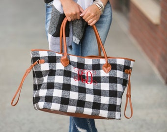 Bolso tote con monograma de cuadros Buffalo, bolso de franela de lujo personalizado