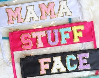 Varsity Letter Pouch Bag | Choose Words | Chenille Sticker Patches | Vacay Mama Face Beach Stuff | FREE SHIP | Travel Boutique Organize Bag