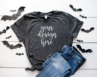 Maqueta de camiseta Bella Canvas 3001 de Halloween / Vista plana de camisa gris oscuro (Descarga digital)